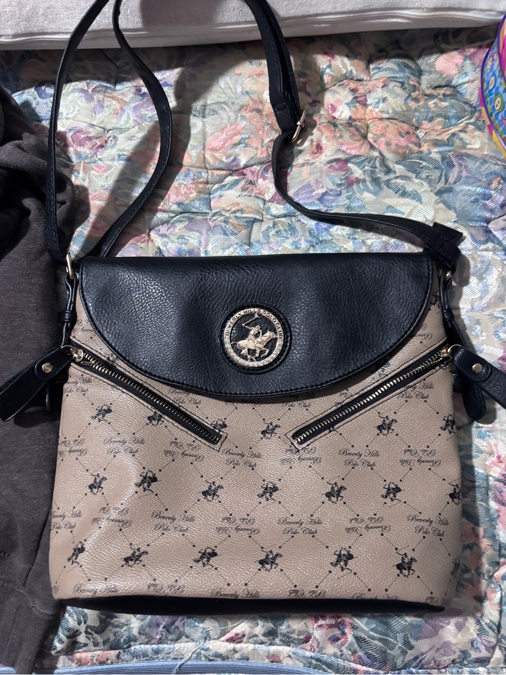 Beverly Hills Polo Club Black & Beige Logo-Print Crossbody Bag